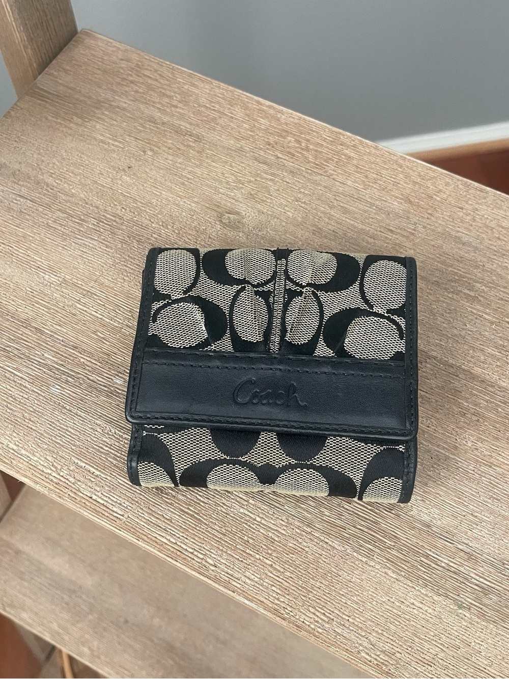 Coach Signature Print Bifold Wallet- Black & Beige Canvas Leather Strap Y2K Auth